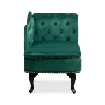 A front view of a luxurious green velvet chaise lounge with button tufting and elegant wooden legs.