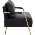 A side view of a modern black armchair with a sleek design.