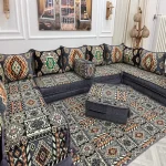 Luxurious Majlis seating adorned with multicolored cushions.