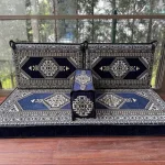 Modern Majlis sofa featuring a vibrant blue and white motif
