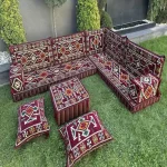 Traditional Majlis Sofa with vibrant cushions and intricate patterns