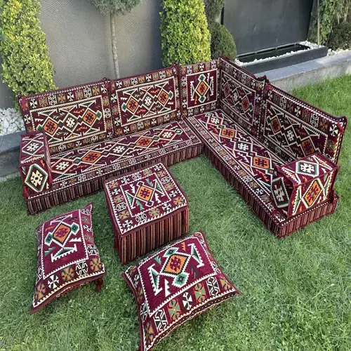 Traditional Majlis Sofa with vibrant cushions and intricate patterns