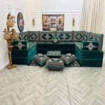 Traditional Majlis seating featuring a bold green