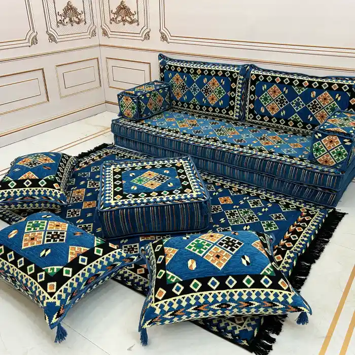 Stylish blue and gold Majlis sofa seating arrangement.