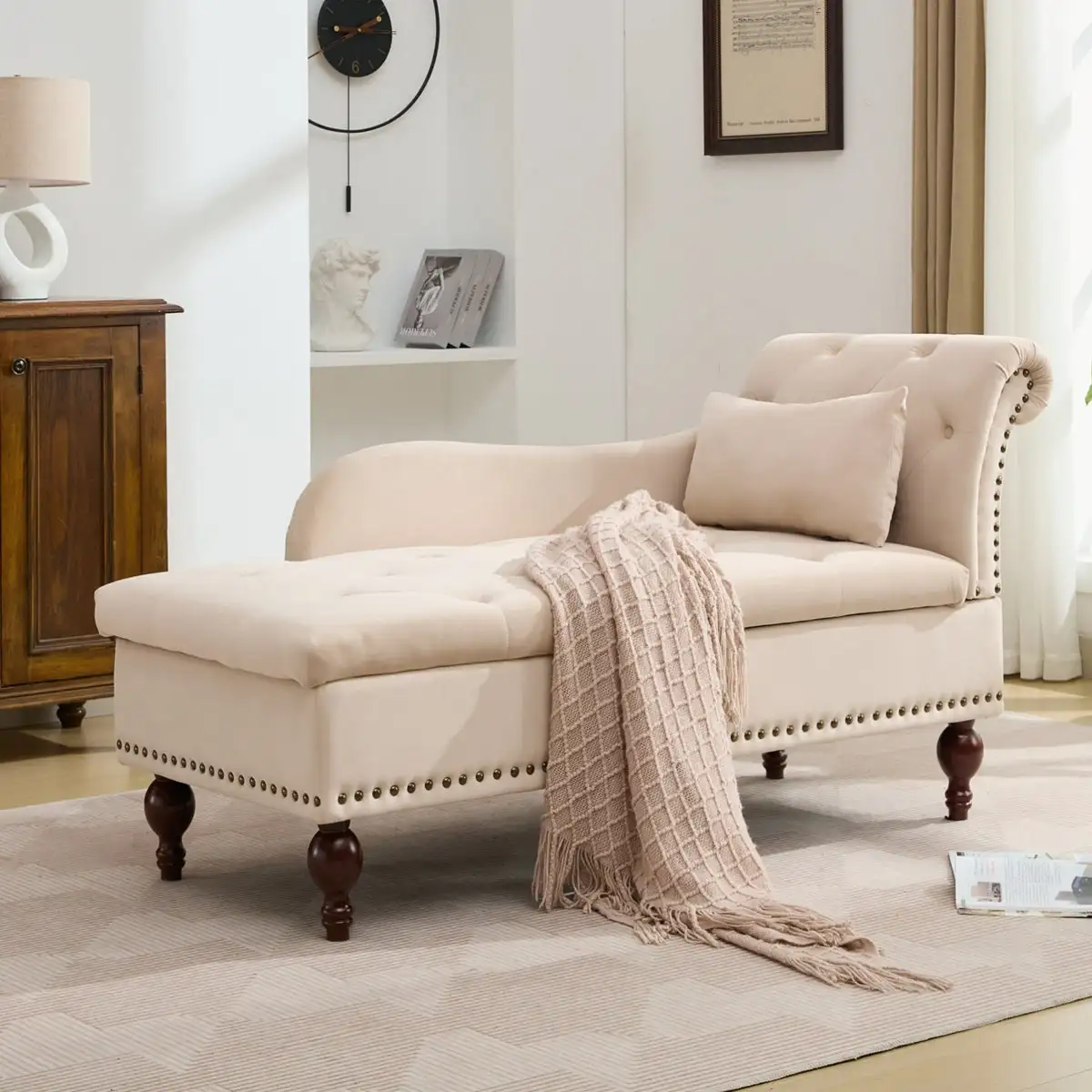 Button tufted chaise sofa with nailhead trim