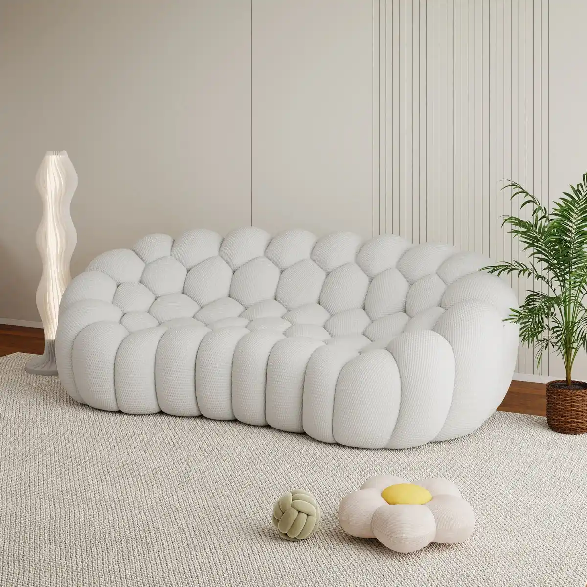 White 3 Seat Modern Upholstered Knit Sofa