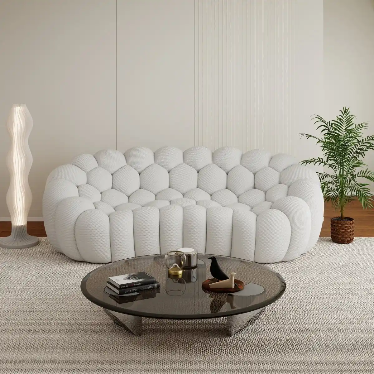 White 3 Seat Modern Upholstered Knit Sofa