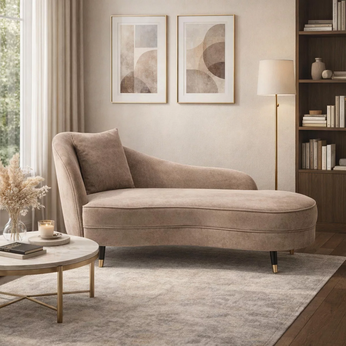 Curved chaise lounge sofa in camel boucle upholstery Dubai