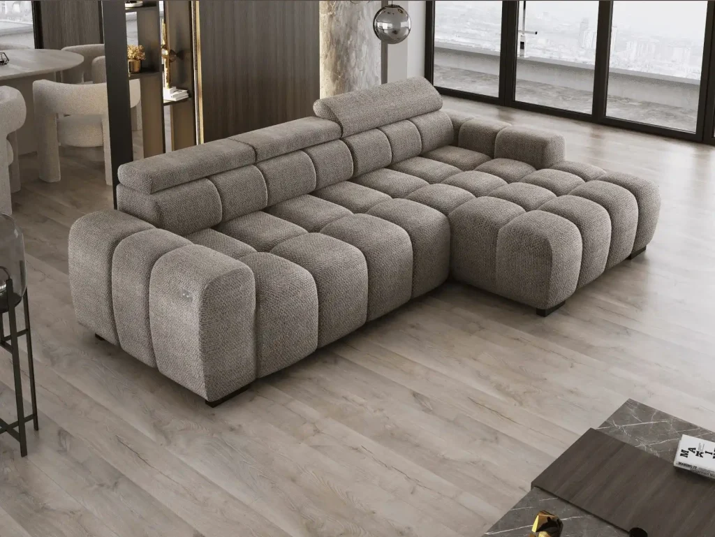 Modern taupe gray L-shaped sectional sofa with textured upholstery