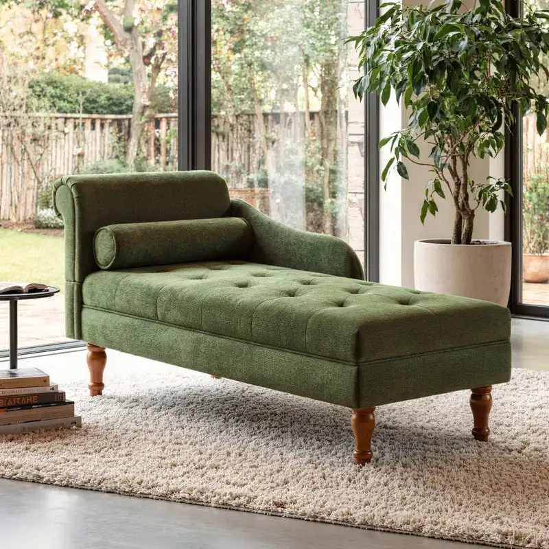 Olive linen blend chaise lounge with bolster pillow