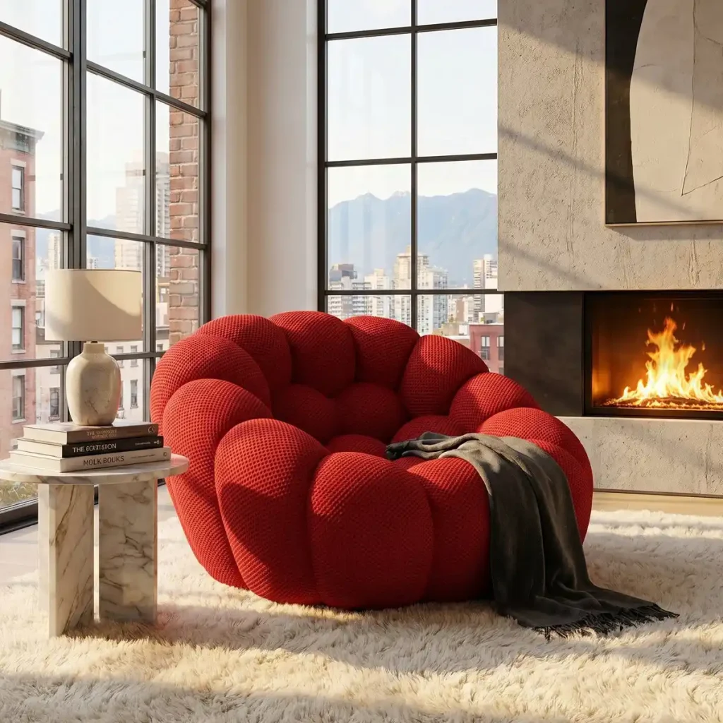 Red modern bubble accent sofa chair with honeycomb fabric