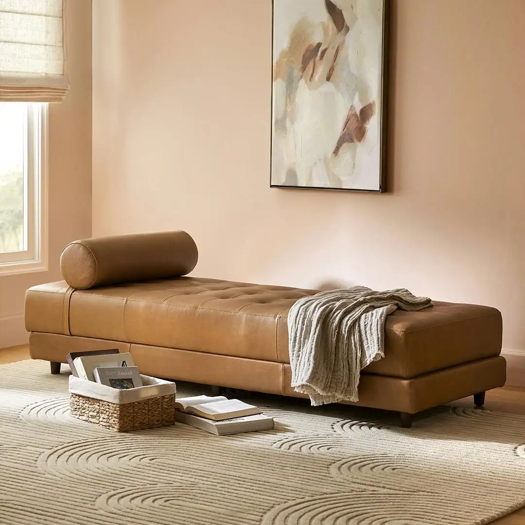 Tan tufted leather chaise lounge sofa Dubai