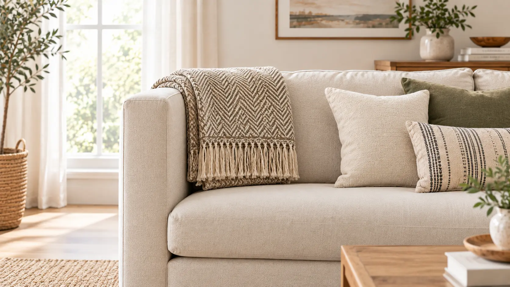 Cozy Neutral Sofa with Woven Throw