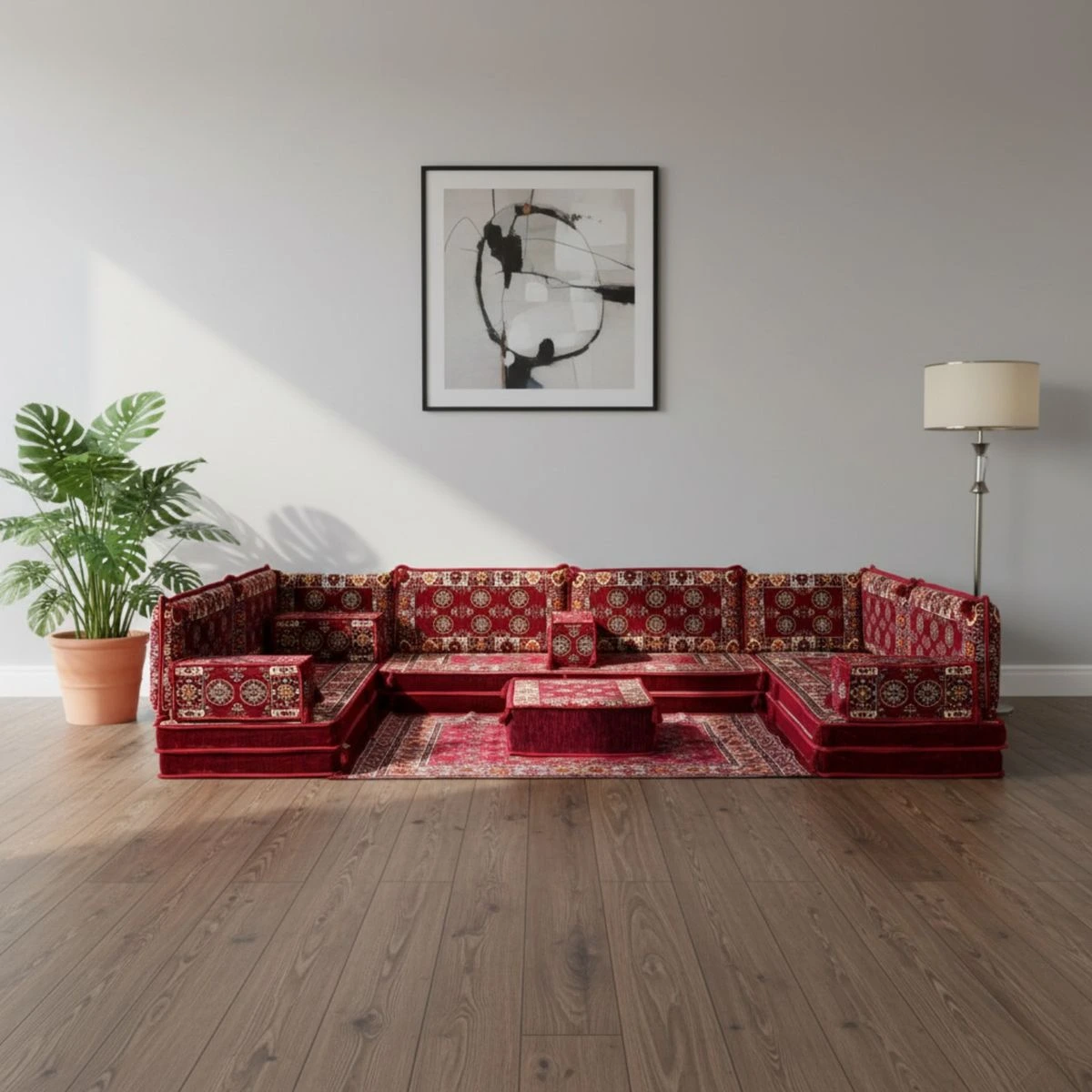 L-shaped majlis seating for a spacious Dubai villa