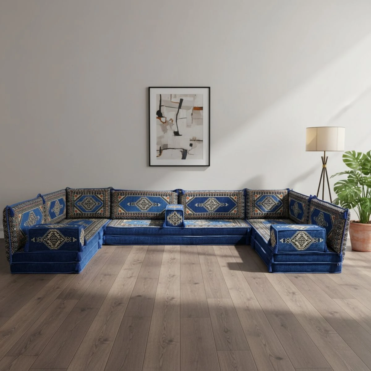 Modern majlis sofa in neutral beige upholstery'